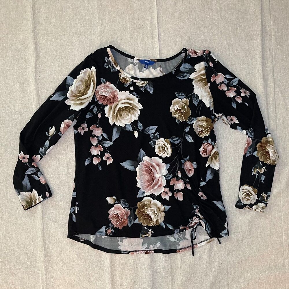 Apt. 9 | Black Rose Floral Pattern Long Sleeve Top | Large